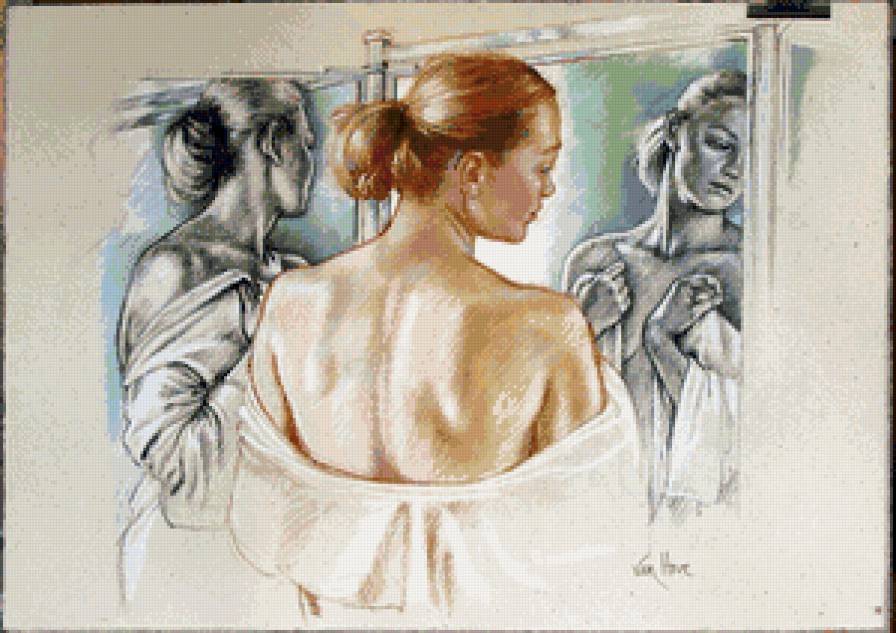 девушка перед зеркалом - девушка, арт, красота, женщина, портрет, зеркало, графика - предпросмотр