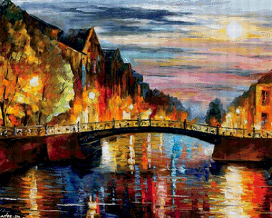 мост через реку вечером - краски, река, фонарь, мост, живопись, вечер, сумерки, город - предпросмотр