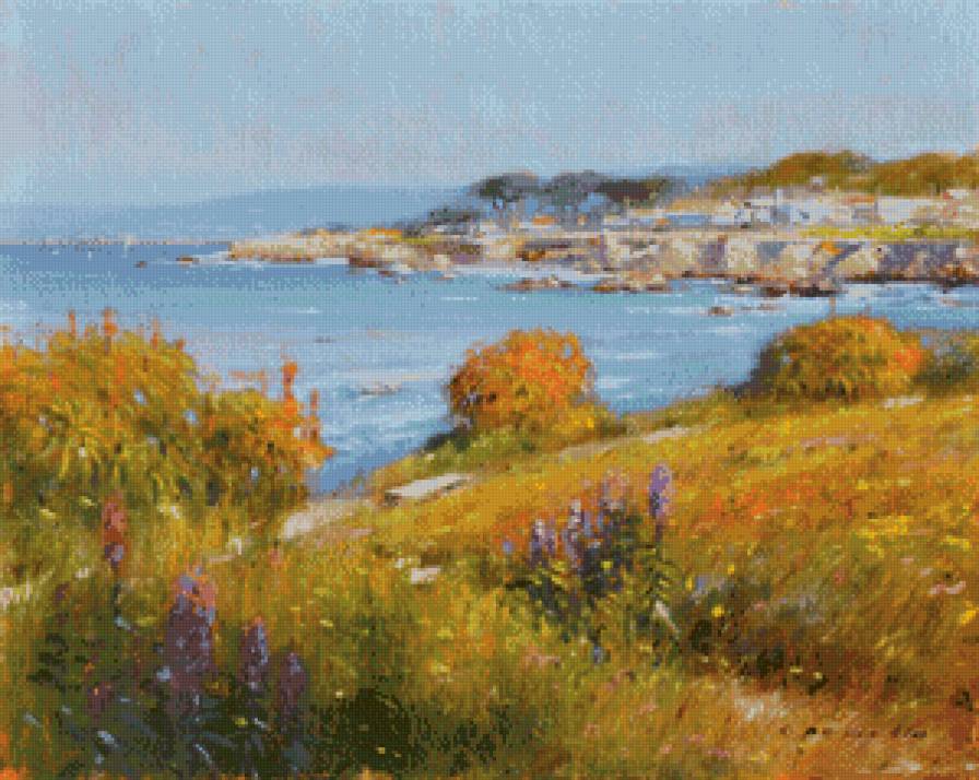 пейзаж маслом - река, масло, природа, небо, живопись, пейзаж - предпросмотр