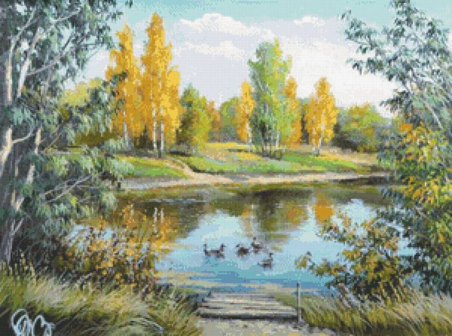 ранняя осень - березы, осень, природа, живопись, река, золото, пейзаж - предпросмотр