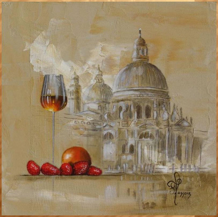 вкус франции - графика, франция, картина, клубника, париж, вино, романтика - оригинал