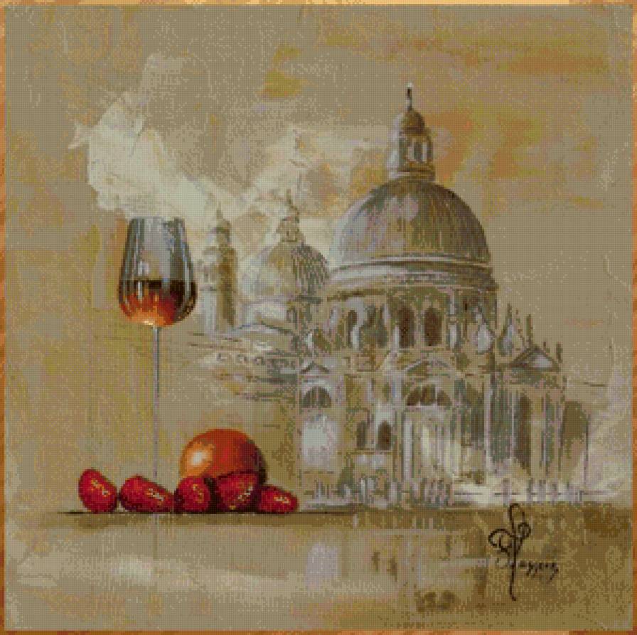 вкус франции - романтика, графика, париж, клубника, франция, картина, вино - предпросмотр