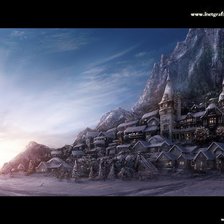 рассвет в городе у подножия горы