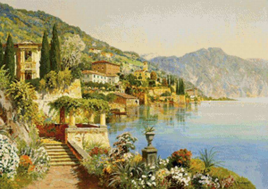 приморский городок - природа, город, берег, лето, жара, море, пейзаж, живопись, горы - предпросмотр