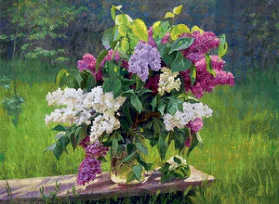 букет сирени в саду - сад, живопись, натюрморт, ваза, букет, нежность, весна, сирень - предпросмотр