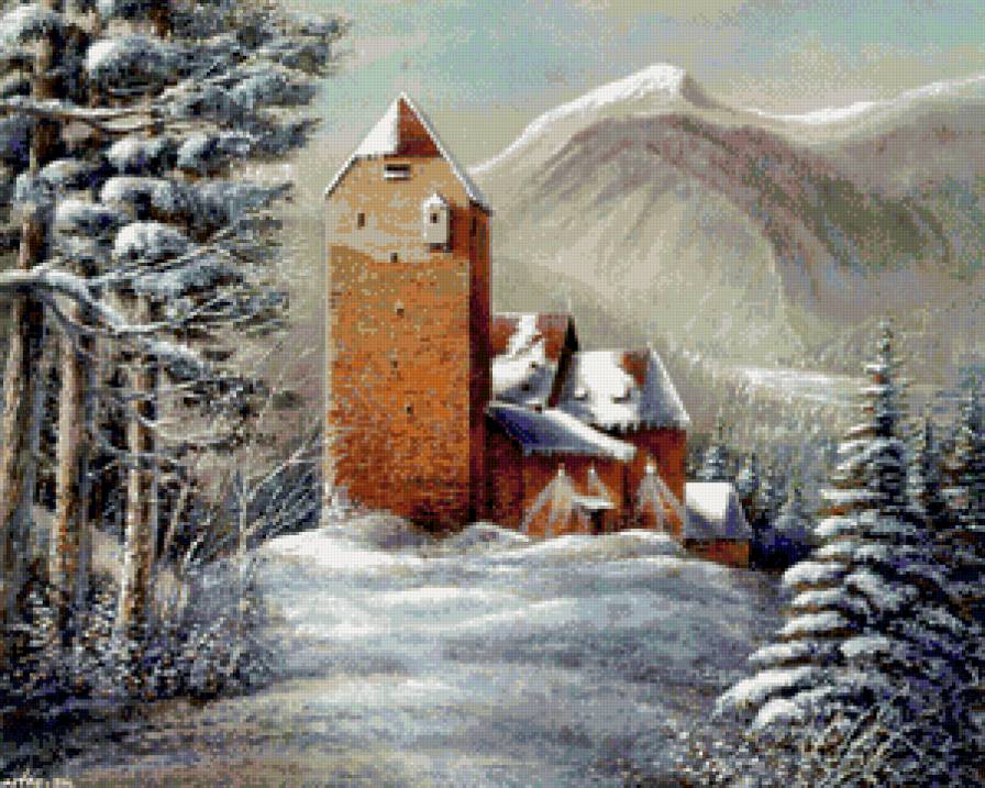 средневековый замок - монохром, снег, замок, пейзаж, горы, зима, живопись - предпросмотр