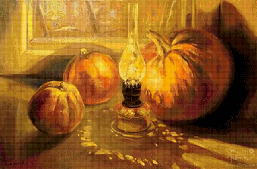 тыквы и керосинка - тыква, живопись, огонь, лампа, натюрморт, осень, керосинка - предпросмотр