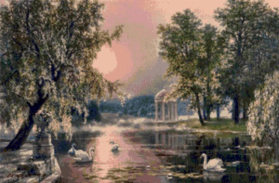 Лебединоее озеро - беседка, озеро, лебеди, пруд - предпросмотр