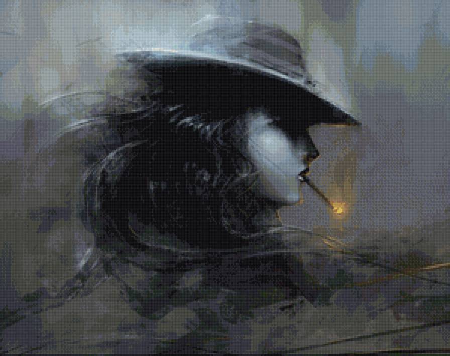 женский образ в шляпе - графика, женщина, шляпа, сигарета, девушка, монохром - предпросмотр