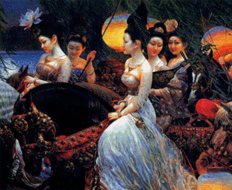 Китайская принцесса с сопровождением. Художник Ван Кэвэй - китай, принцесса, художник, кони, ван кэвэй - предпросмотр