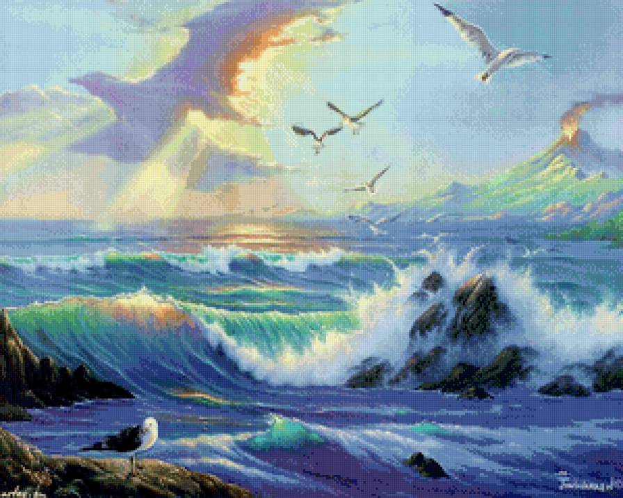 морской пейзаж - волны, море, вечер, чайки, живопись, пейзаж, берег, прибой - предпросмотр