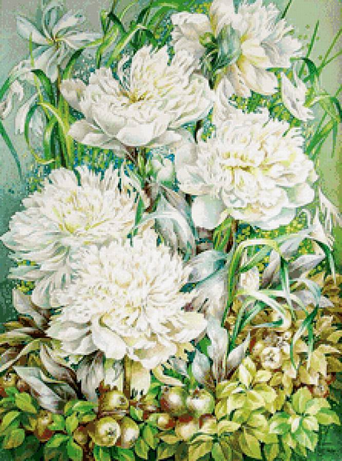 белые пионы - весна, живопись, нежность, панно, букет, цветы, пионы - предпросмотр