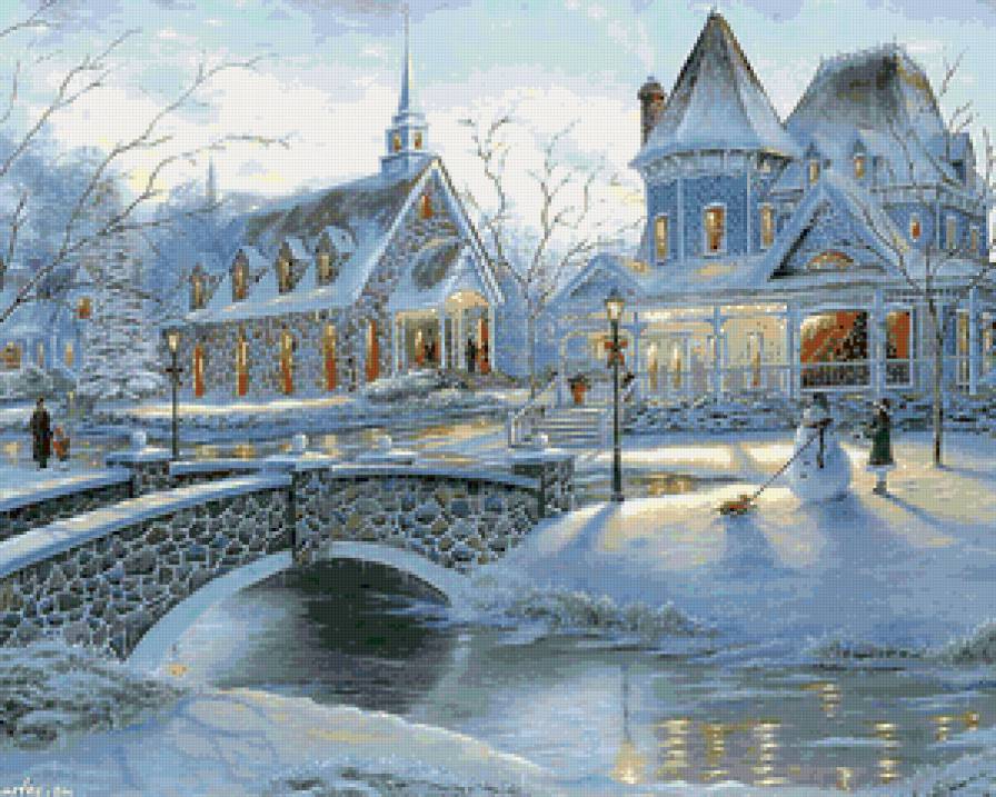 перед рождеством - рождество, церковь, вечер, снег, снеговик, мост, река, праздник - предпросмотр