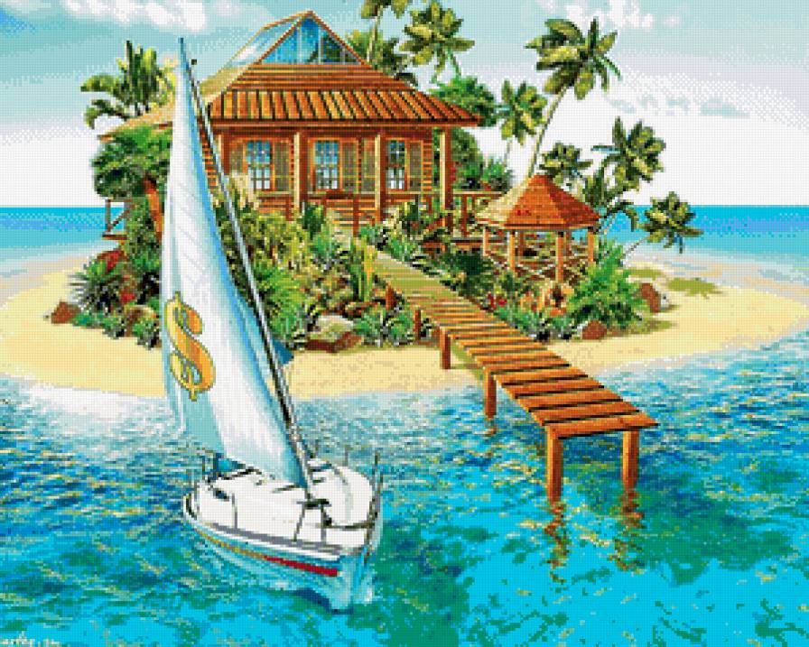 остров мечты - океан, лето, мечта, море, парусник, отдых, бунгало, остров - предпросмотр
