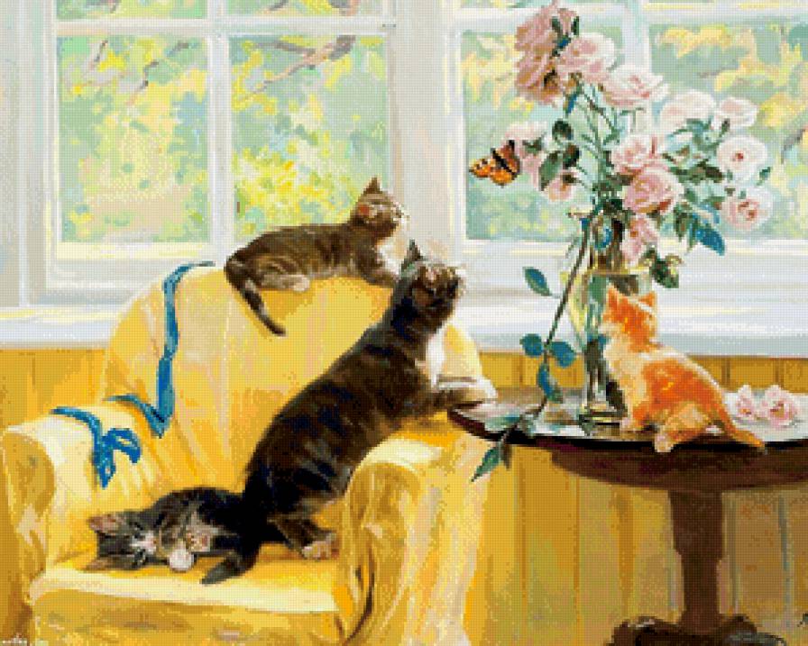 коты шалуны - живопись, коты, шалость, бабочка, игра, кошка, окно, цветы - предпросмотр
