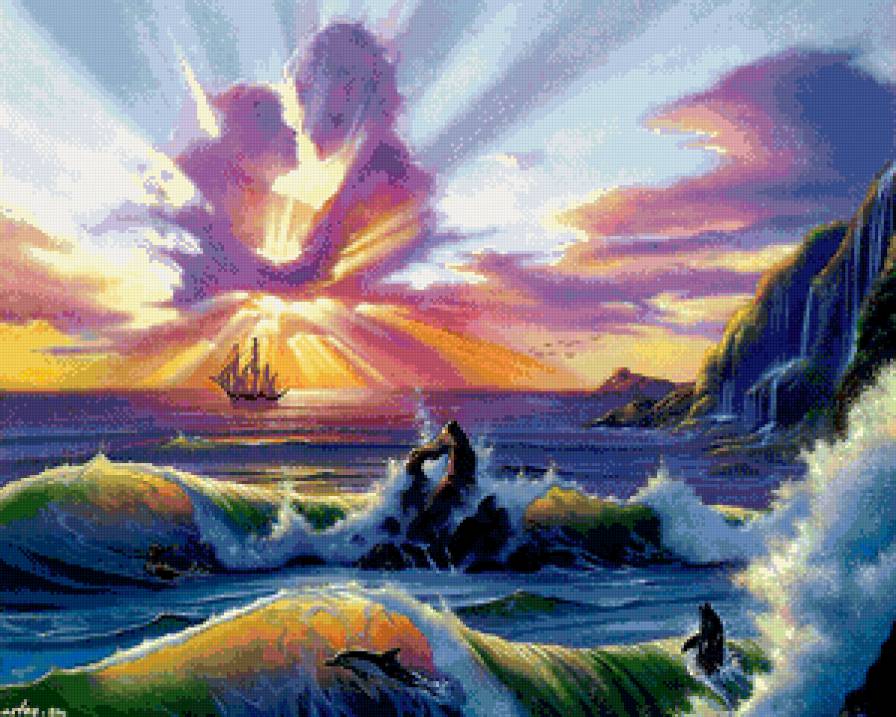 любовь и море - пара, парусник, море, дельфины, волны, пейзаж, любовь, горы - предпросмотр