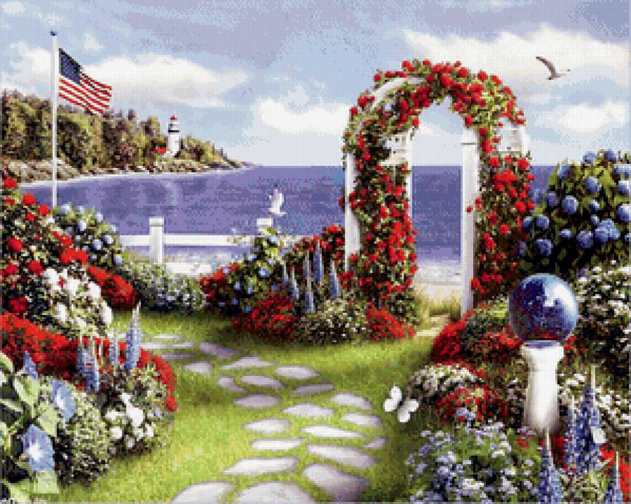 арка к морю - цветы, лето, чайки, пейзаж, море, арка, сад, бабочки, маяк - предпросмотр