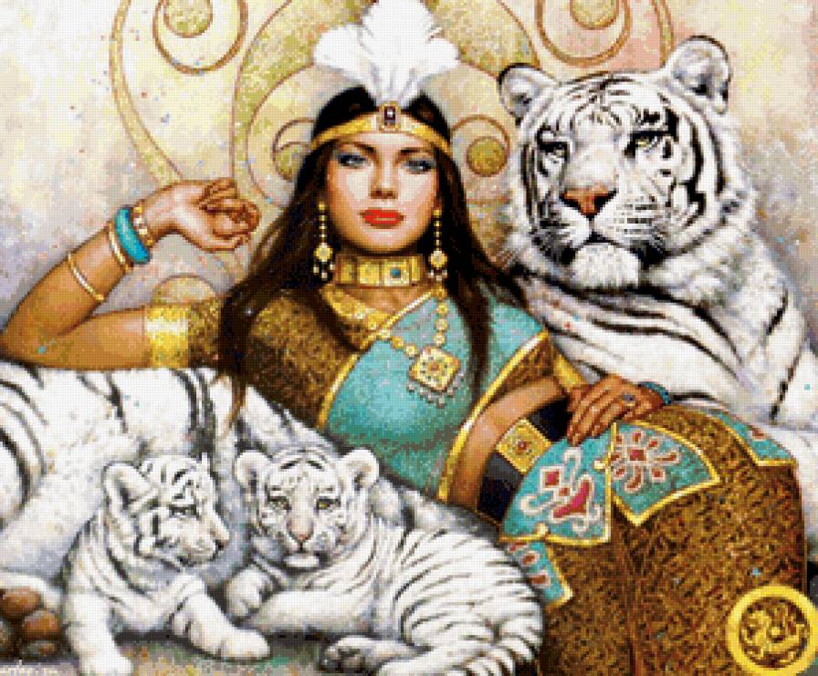 красавица и тигры - красавица, принцесса, женщина, тигр, девушка, кошки - предпросмотр