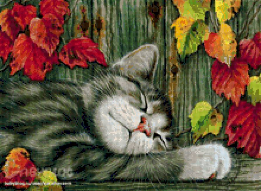 Сладкий сон - котик, забор, котенок, листья, котейка, осень - предпросмотр