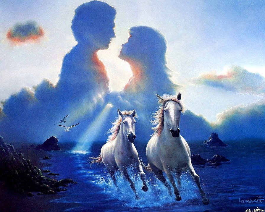 вместе навсегда - закат, волны, верность, лошади, пара, море, океан, небо, любовь - оригинал