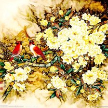 Схема вышивки «птицы на ветке пиона»