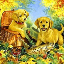 Схема вышивки «щенки на рыбалке»