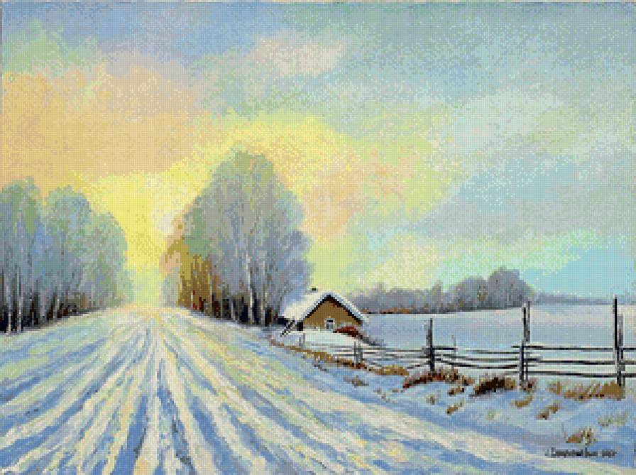 зима в деревне - мороз, деревня, домик, живопись, снег, природа, зима, пейзаж - предпросмотр