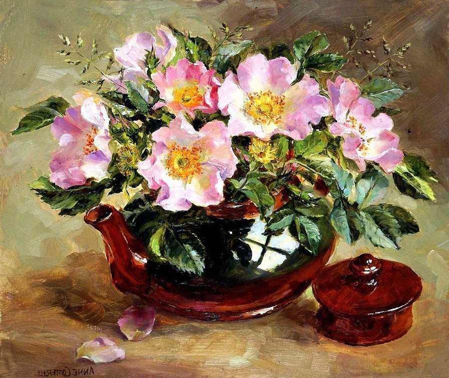 цветы шиповника в чайнике - букет, натюрморт, цветы, шиповник, живопись, чайник, розы - оригинал