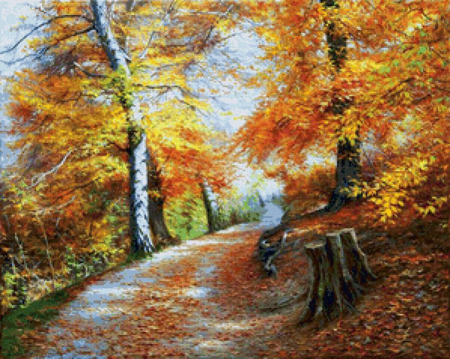 осенний парк - парк, осень, природа, живопись, дерево, золото, тропинка - предпросмотр