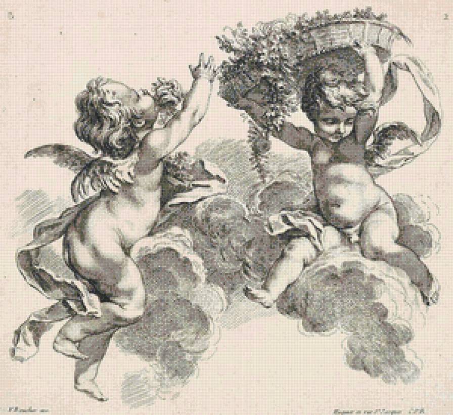 ангелочки с корзиной - корзина, ангелочки, графика, цветы, амур, ангел, монохром, амуры - предпросмотр