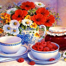 Схема вышивки «натюрморт с малиной и цветами»