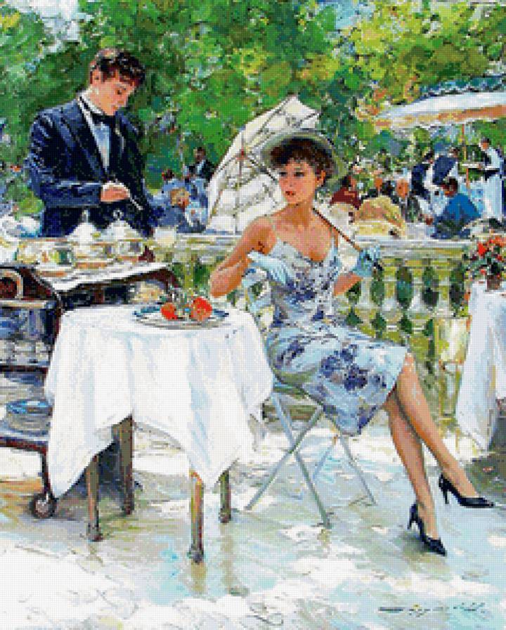 дама в летнем кафе - жара, дама, кафе, зонтик, шляпа, лето, женщина, девушка - предпросмотр