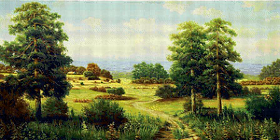 живописный пейзаж - жара, классика, поля, сосны, лето, пейзаж, живопись - предпросмотр