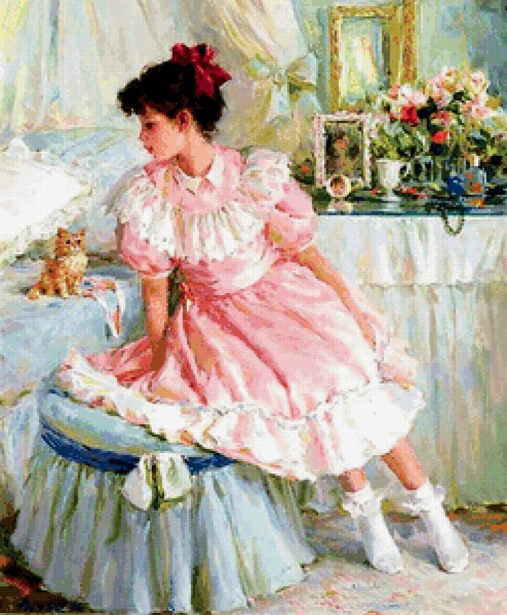 девочка с котёнком - котенок, ребенок, девочка, живопись, нежность - предпросмотр