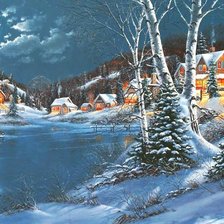 Схема вышивки «лунная зимняя ночь в деревне»