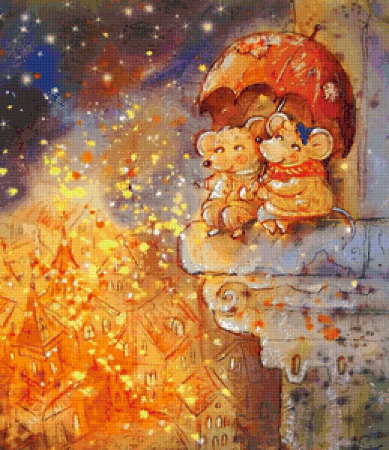 романтика большого города - романтика, осень, мышки, зонтик, ночь, пара, крыши, город - предпросмотр