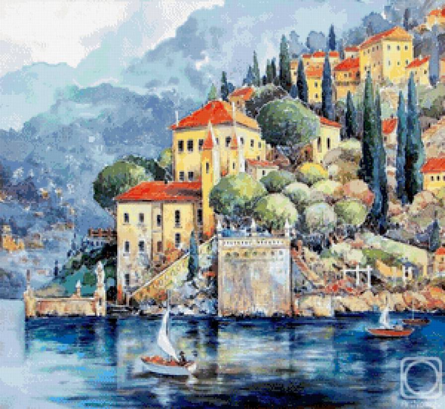 приморский городок - море, горы, лодки, лето, пейзаж, живопись, акварель, город - предпросмотр