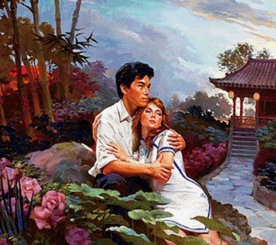 влюблённые - чувства, любовь, пагода, арт, графика, дерево, пара, страсть - предпросмотр