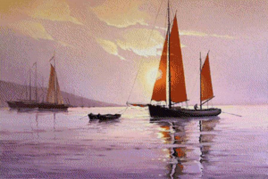 Парусник в рассвете. - розовый, рассвет, парусник, штиль, море - предпросмотр