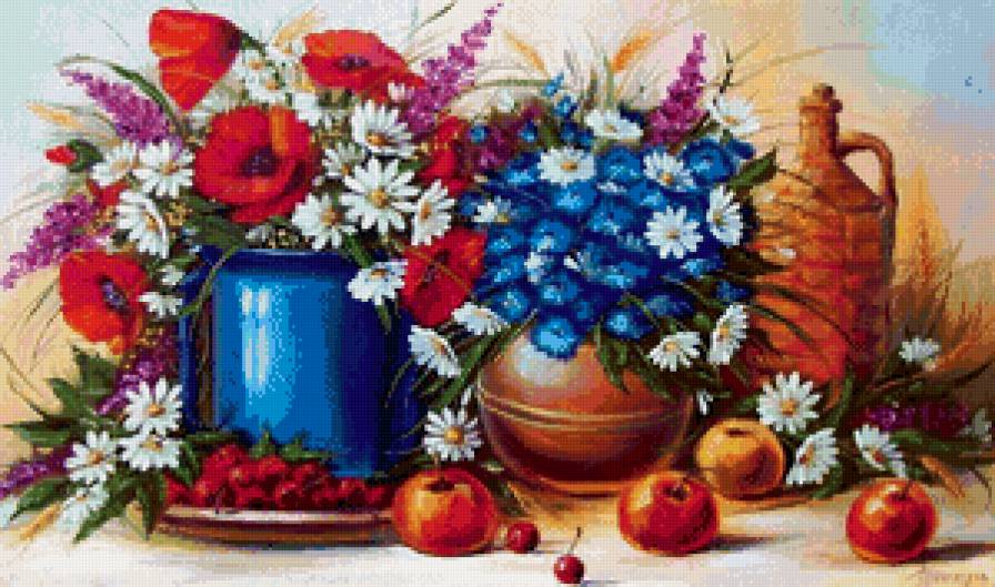 натюрморт с маками, ромашками и васильками - маки, яблоки, цветы, кувшин, ромашки, натюрморт, кухня, васильки - предпросмотр