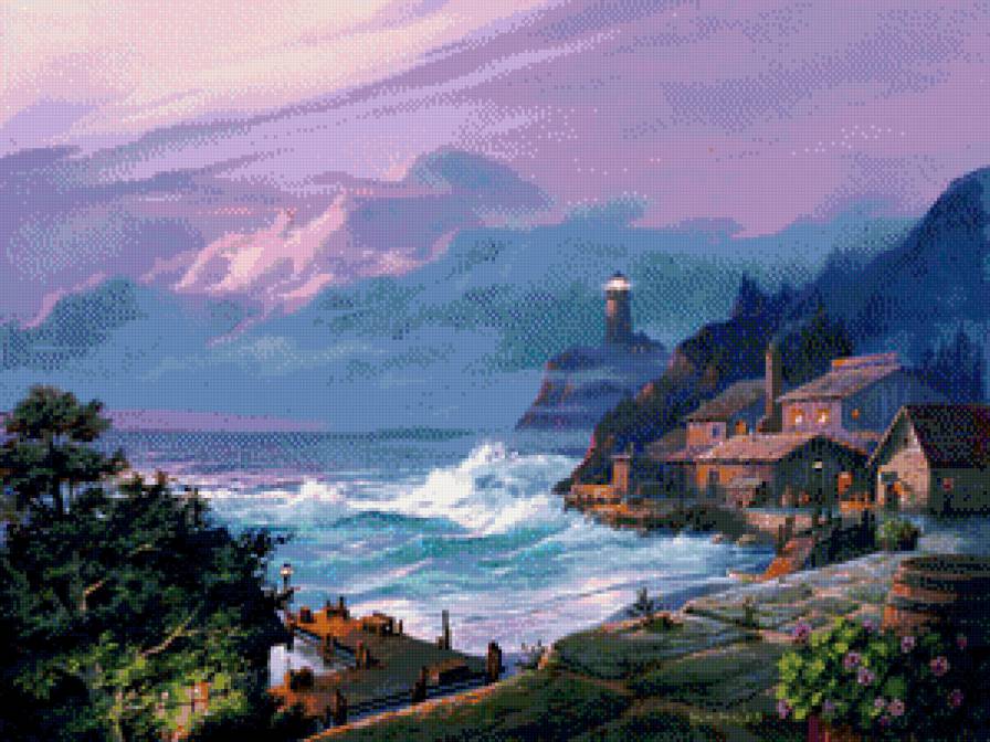 маяк в сумерках - горы, дом, сумерки, море, причал, акварель, закат, маяк - предпросмотр