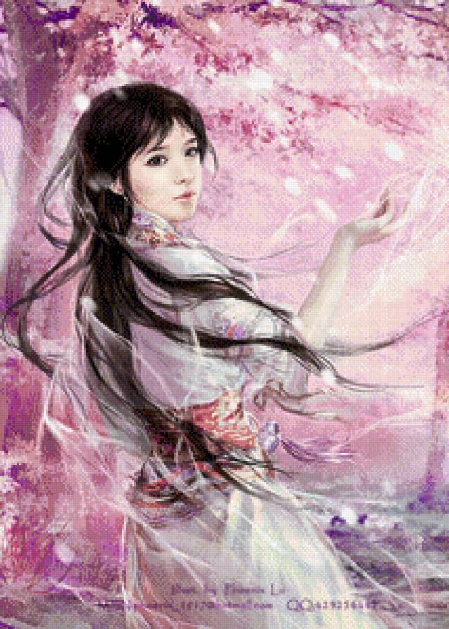 Под веткой сакуры - сакура, аниме, фэнтези, япония, девушка - предпросмотр