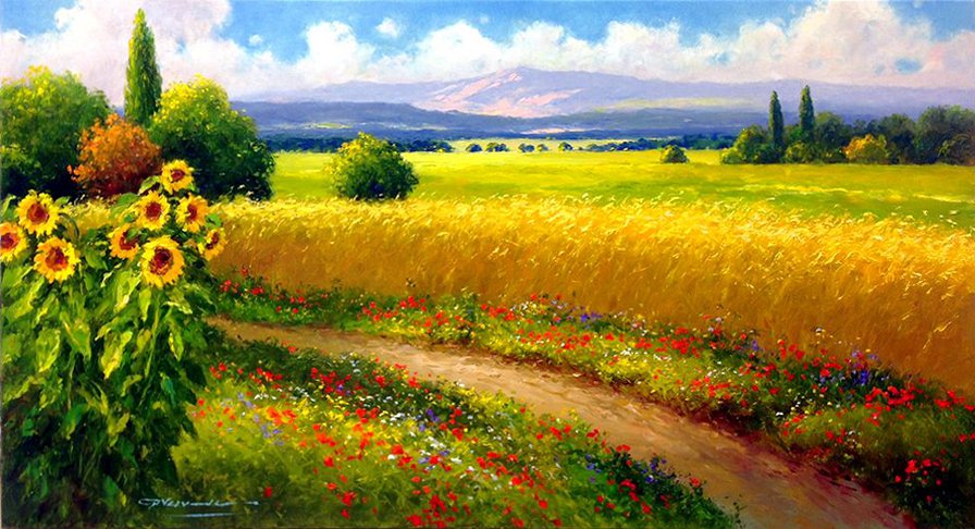 летние поля - поле, зной, живопись, подсолнух, лето, пейзаж - оригинал