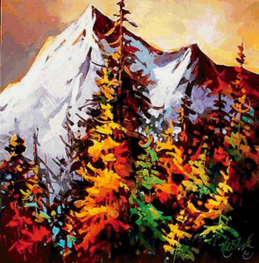 горный пейзаж - краски, закат, красота, деревья, природа, ели, горы, пейзаж - предпросмотр