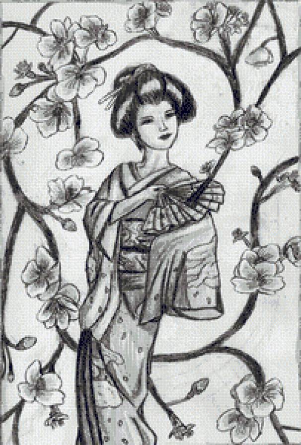 Японка с веером - девушка, япония, женщина, монохром, фэнтези, аниме, сакура - предпросмотр