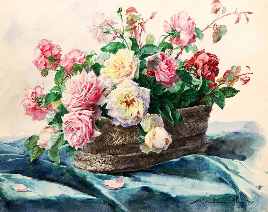 розы в корзине - корзина, натюрморт, розы, живопись, цветы, букет, нежность - оригинал