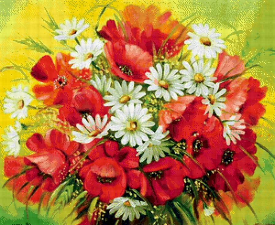 маки и ромашки - маки, лето, ромашки, букет, подушка, цветы - предпросмотр