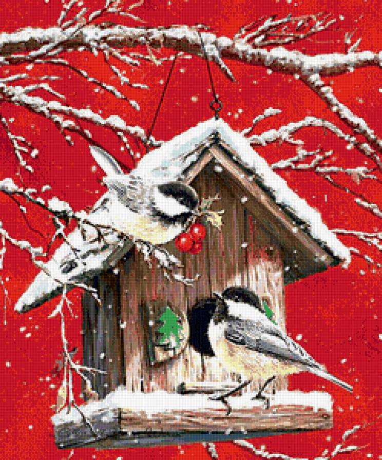 воробьи у скворечника - ветка, птицы, скворечник, воробьи, ягоды, снег, зима - предпросмотр