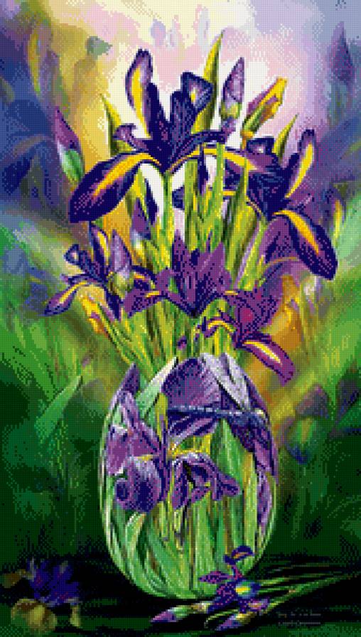 ирисы в вазе - акварель, ваза, букет, ирисы, цветы, живопись - предпросмотр