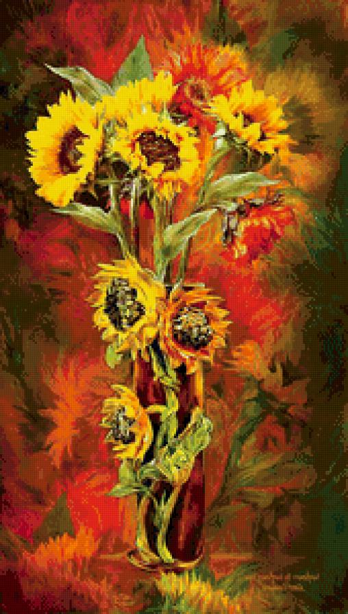 яркие подсолнухи - подсолнухи, натюрморт, краски, огонь, цветы, ваза, букет - предпросмотр
